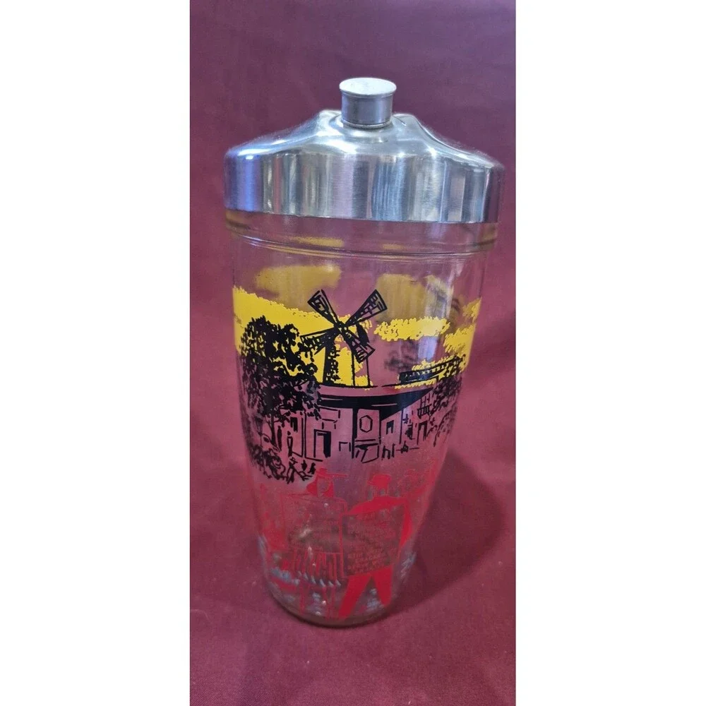 Vintage MCM Bloomfield Industries Glass Cocktail Shaker Paris Theme with Recipes